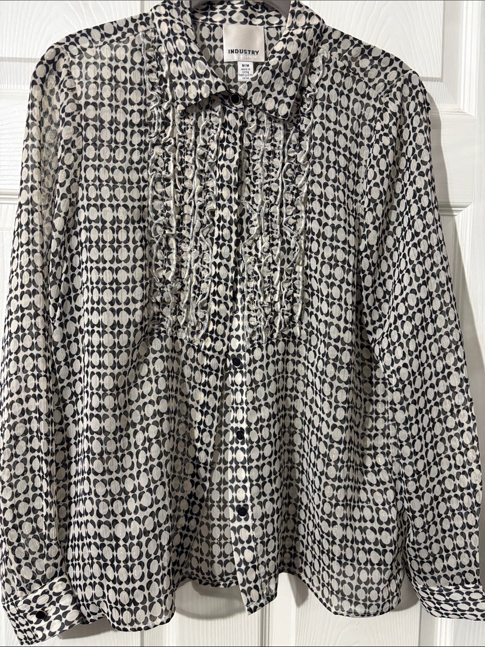 INDUSTRY White and Black Printed Ruffle Front Blouse